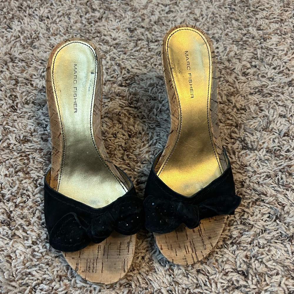 Marc Fisher Black and Gold Mules